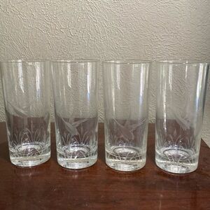 Set of 4, Vintage, clear etched tumblers with flying waterfowl geese, Barware